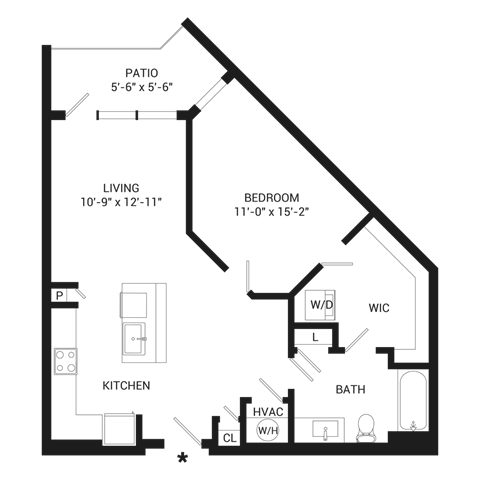 Floor plan for 1 bed, 1 bath, 753 sqft